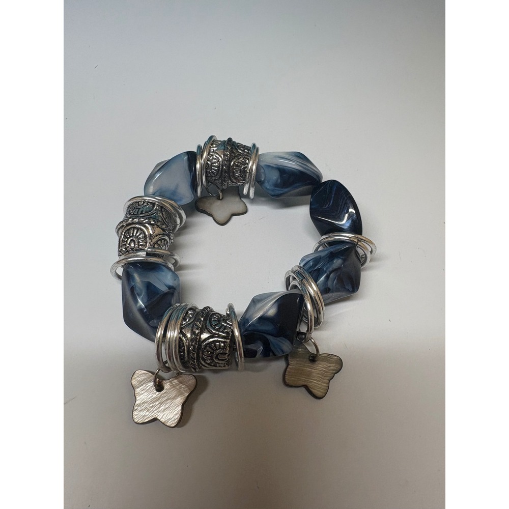 Blue Marbled Acrylic Beaded Stretch Bracelet Silver Butterfly Charms Boho